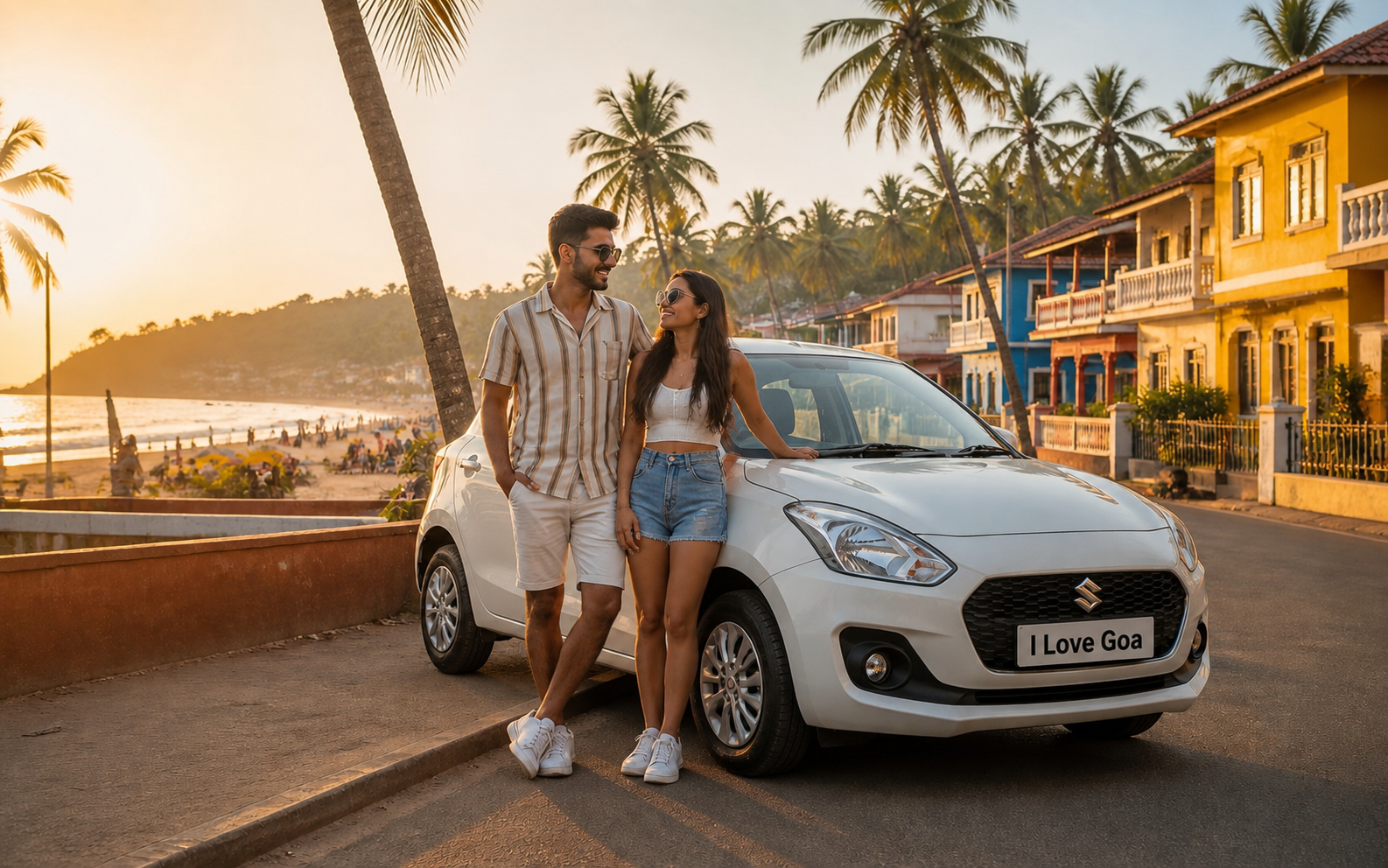 Couple with a self-drive rental car on a palm-lined Goa beach road at golden hour