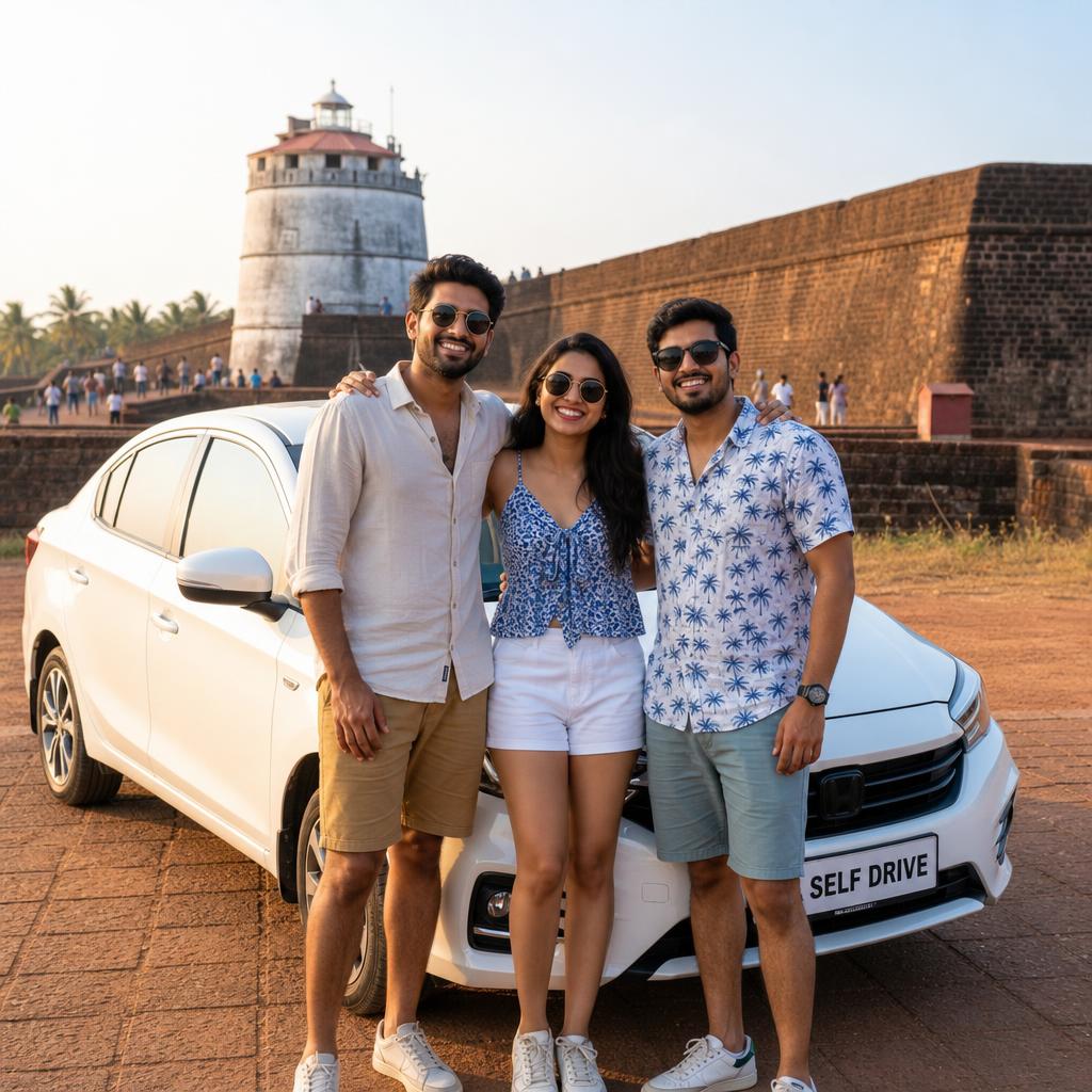 Three Indian friends with a self-drive rental car at Aguada Fort, Goa
