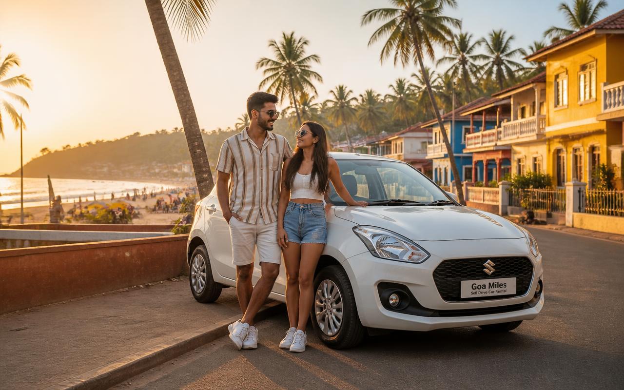Indian travellers with a self-drive rental car on a palm-lined Goa beach road